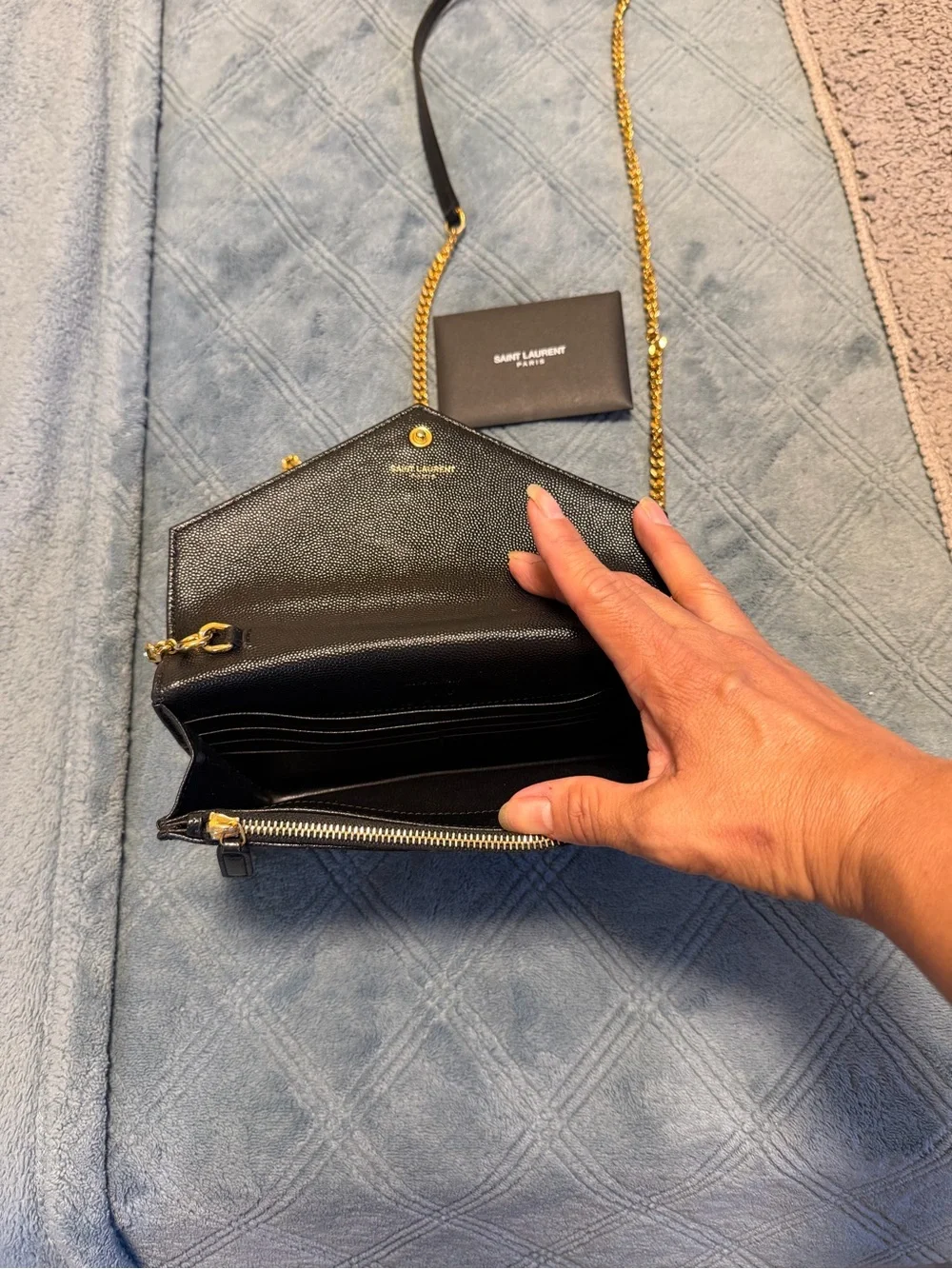 Saint Laurent Black Quilted Leather Chain Wallet - Black/Gold with box